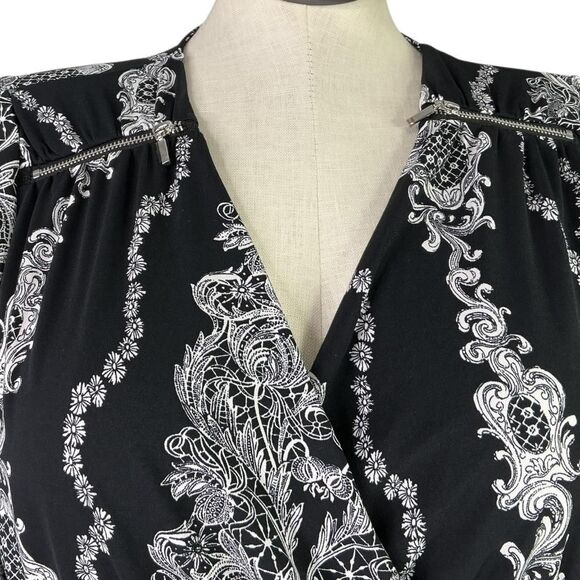 Lane Bryant Wrap Dress Women 14/16 Black White Floral 3/4 Sleeve Belted V Neck - Picture 3 of 8